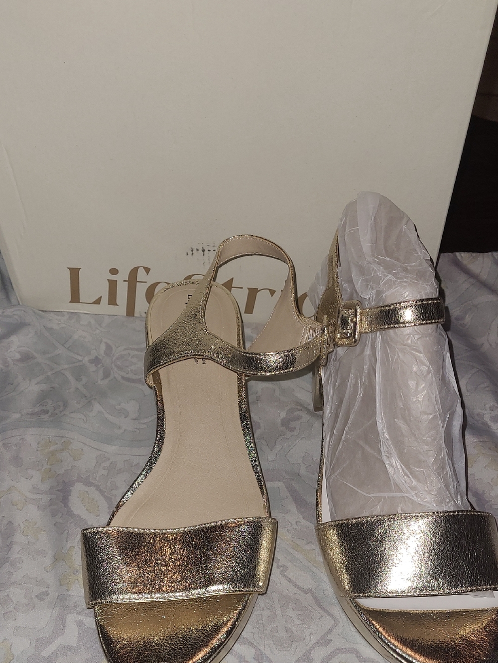 Life Stride Gold Metallic Ankle Strap Block Heel Sandals